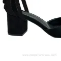 Black Microfiber Pointed Toe Ankle Strap Chunky Heels for Women